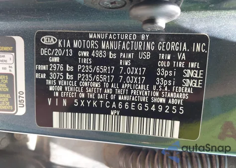 2014 Kia Sorento Lx из США, поврежденный, VIN 5XYKTCA66EG549255